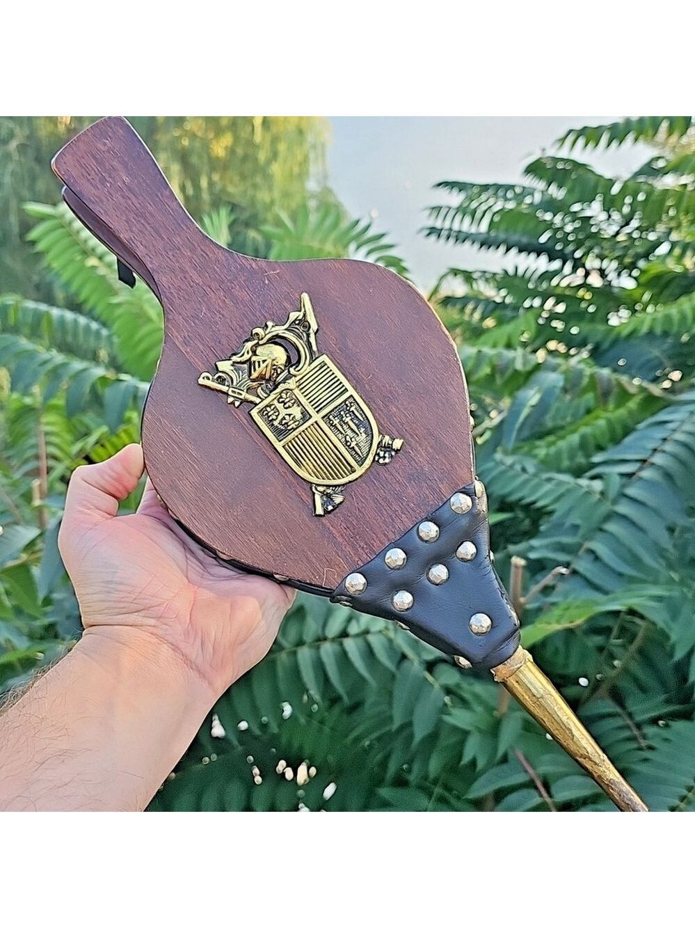 VTG Wood & Leather Fireplace Bellows w/Brass Crest Made in Japan Collectible